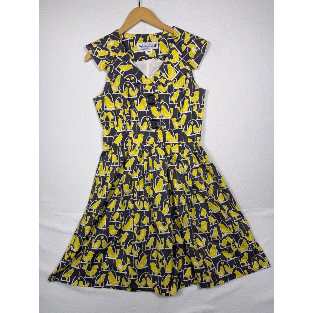 Beebop & Wally Dress Women M Gray Yellow Bird Baby Chick Print Fit Flare USA